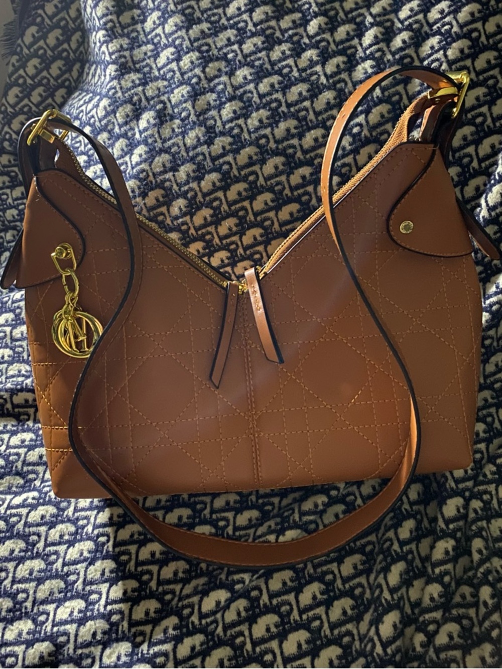 Elegant Brown Quilted Womens Shoulder Bag with Gold Accent